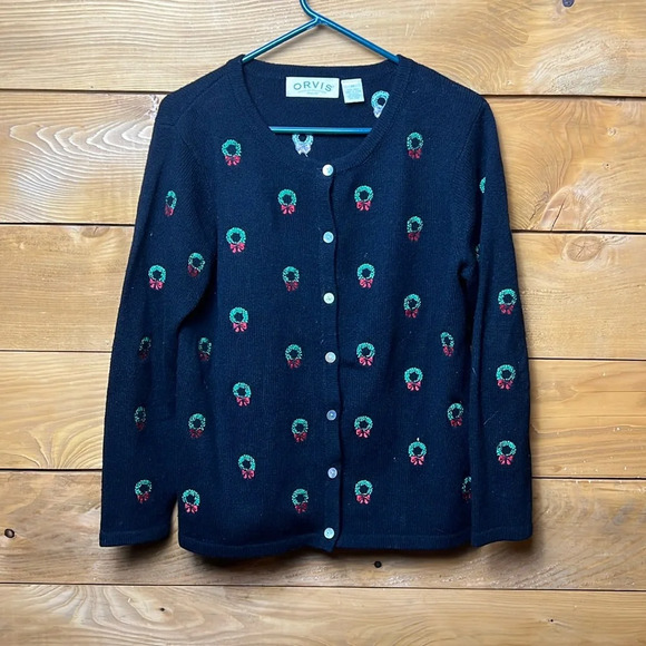 Orvis Vintage Womens 100% Wool sweater button cardigan Christmas Wreaths M party - Picture 1 of 7